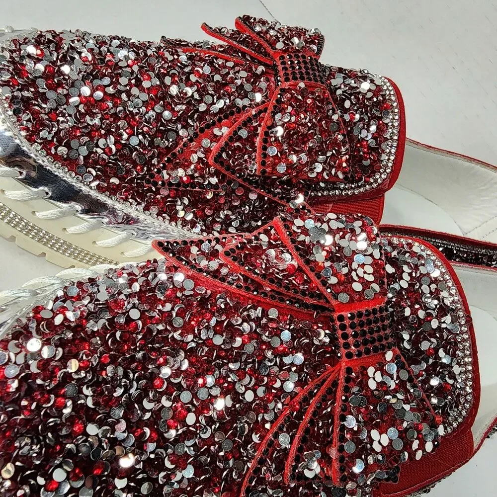 Red Womens Rhinestone Glitter Slip On Loafer Sneakers on White Platform Sz 10.5